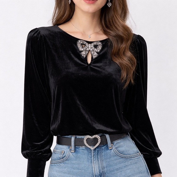 LOFT Tops - LOFT Velvet Bow Embellished Keyhole Blouse Medium Dark Romantic Whimsigoth